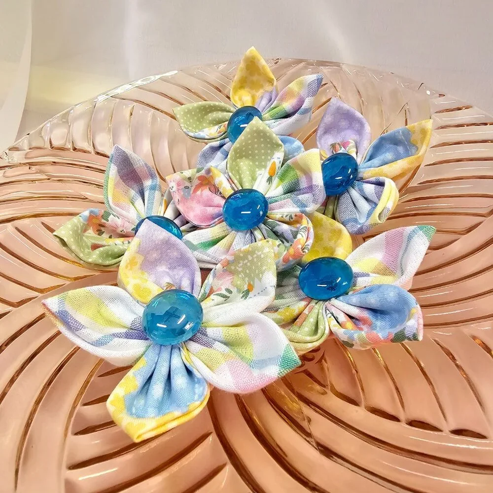 6pc Joyful Garden Fabric Flower Set, Bright & Colorful Pastels, Blue Centers